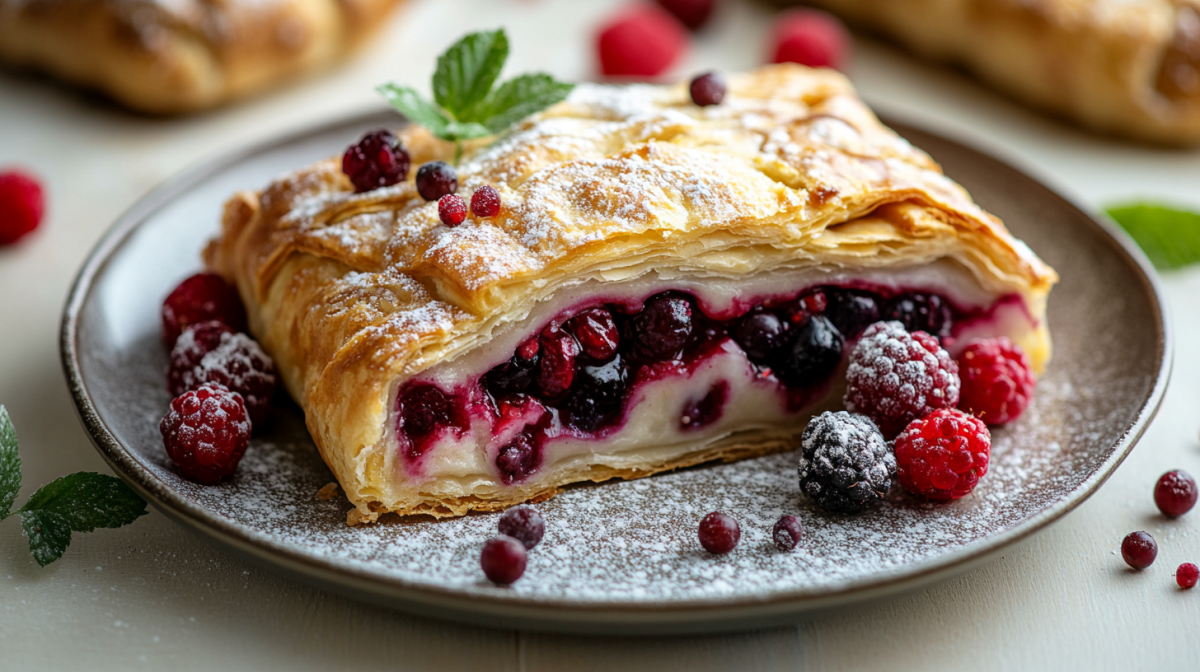 Ein Stück Beeren-Quark-Strudel auf einem Teller, bestreut mit Puderzucker. Drumherum einige frische Beeren.