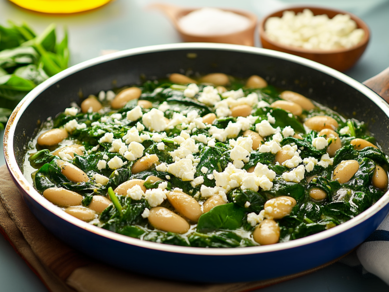 Bohnenpfanne mit Spinat und Feta. Drum herum liegen Zutaten.