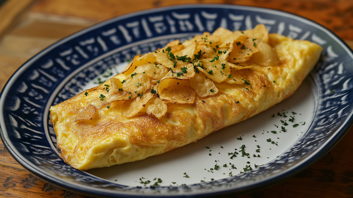 Boursin-Omelett mit Kartoffelchips auf einem blau gemusterten Teller.