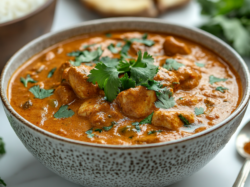 Eine Schale Butter-Chicken-Suppe garniert mit Koriander, daneben ein LÃ¶ffel und einige GewÃ¼rze.