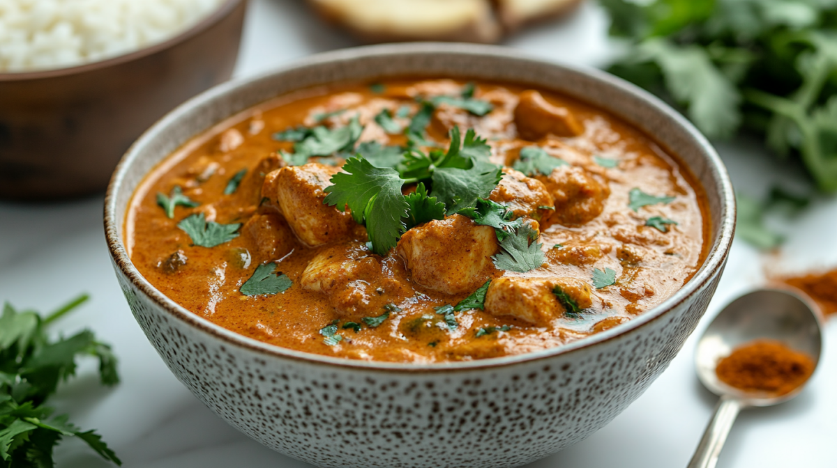 Eine Schale Butter-Chicken-Suppe garniert mit Koriander, daneben ein LÃ¶ffel und einige GewÃ¼rze.