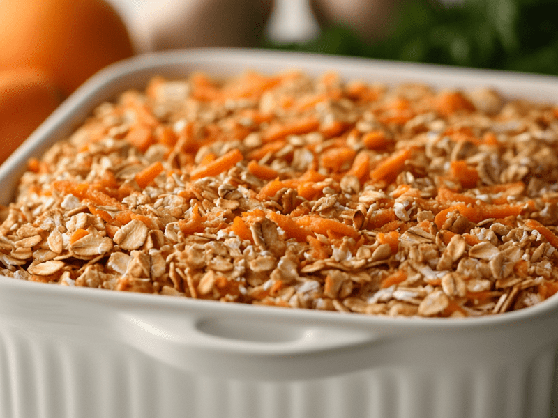 WeiÃŸe Auflaufform mit Carrot Cake Baked Oats. Im Hintergrund sind verschwommen ein paar Karotten zusehen.