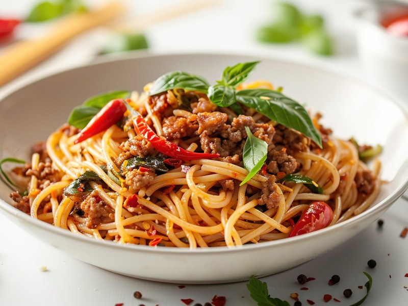 Teller mit Chili-Hackfleisch-Nudeln