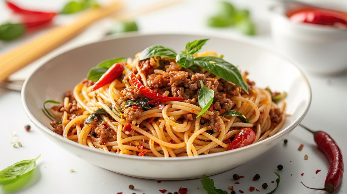 Teller mit Chili-Hackfleisch-Nudeln