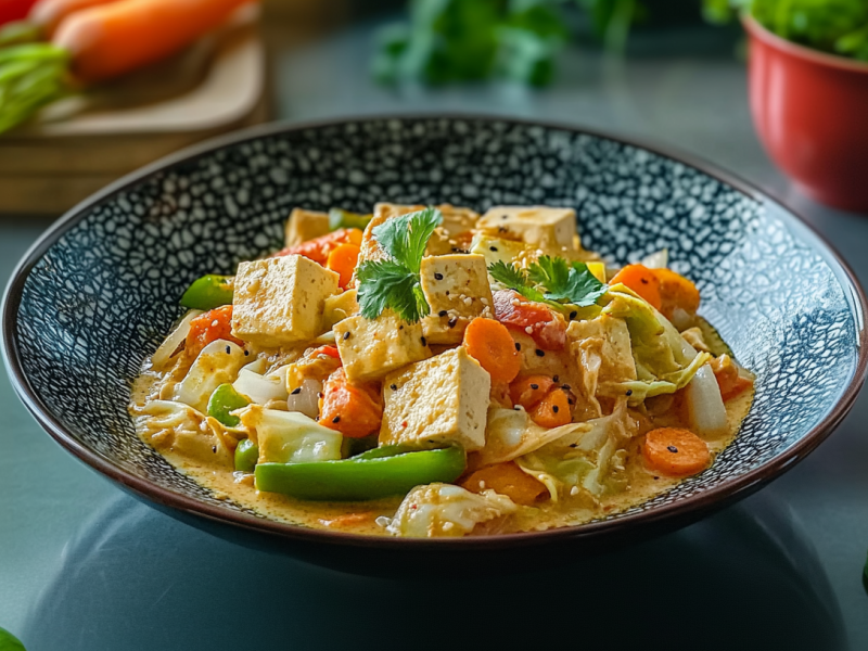 Chinakohl-Curry in einer dunklen Schale. Das Curry ist mit Chinakohl, grüner Paprika, Möhren, Tofu sowie schwarzen und weißen Sesamsamen zubereitet. Rechts neben der Schale liegen noch abgeschnittene Ringe einer grünen und roten Paprika, sowie etwas Petersilie. Hinten rechts steht ein Topf mit Petersilie. Hinten links liegt ein Brett mit weiteren Karotten.