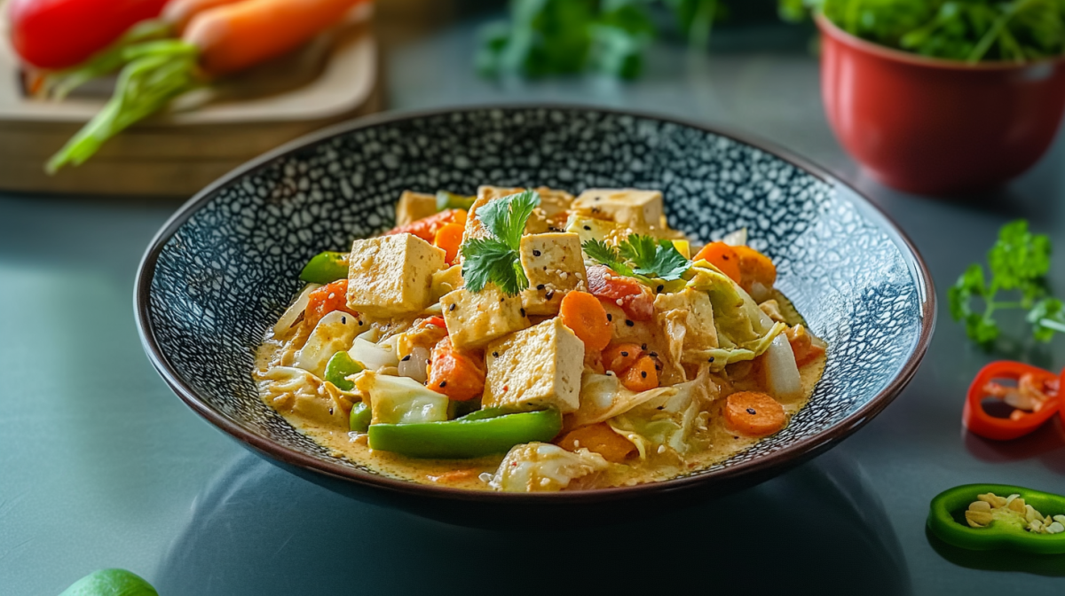 Chinakohl-Curry in einer dunklen Schale. Das Curry ist mit Chinakohl, grÃ¼ner Paprika, MÃ¶hren, Tofu sowie schwarzen und weiÃŸen Sesamsamen zubereitet. Rechts neben der Schale liegen noch abgeschnittene Ringe einer grÃ¼nen und roten Paprika, sowie etwas Petersilie. Hinten rechts steht ein Topf mit Petersilie. Hinten links liegt ein Brett mit weiteren Karotten.