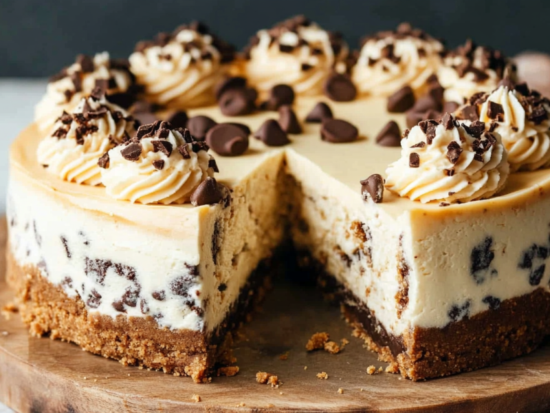 Cookie Dough Cheesecake, von dem ein StÃ¼ck abgeschnitten wurde.