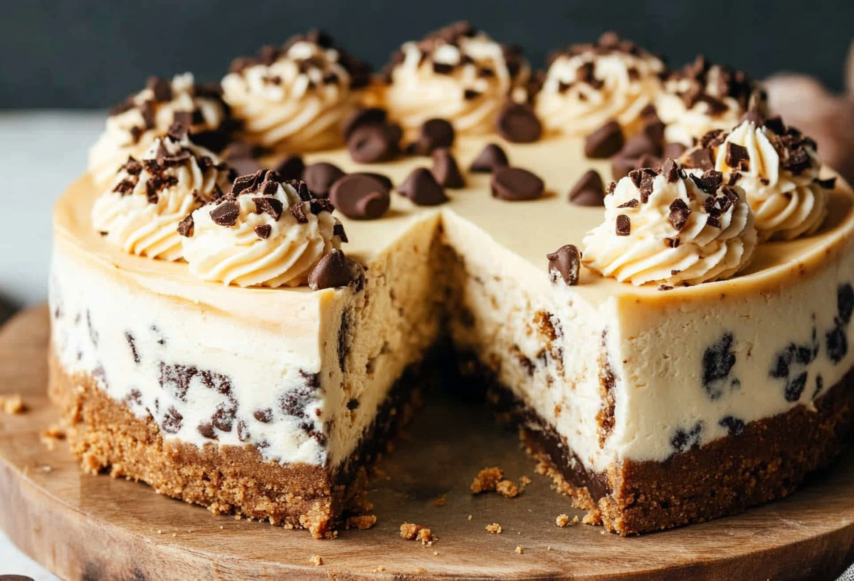 Cookie Dough Cheesecake, von dem ein StÃ¼ck abgeschnitten wurde.