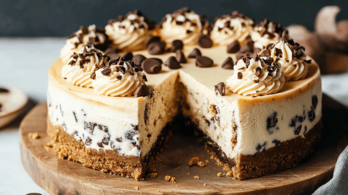 Cookie Dough Cheesecake, von dem ein StÃ¼ck abgeschnitten wurde.