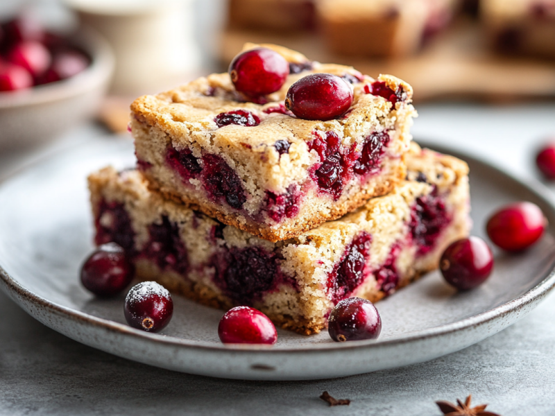 ein paar Cranberry-Blondies auf einem Teller, drumherum frische Cranberrys und einige Zimtstangen. Im Hintergrund eine Schale mit mehr Cranberrys und ein Tablett mit weiteren Blondies.