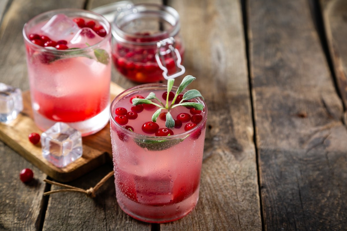 Zwei GlÃ¤ser Cranberry-Salbei-Mocktail. Im Hintergrund steht ei Einmachglas mit Cranberrys darin.