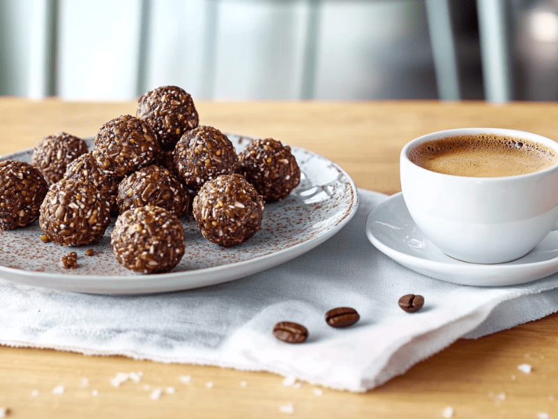 Ein Teller voller Espresso-Energyballs steht auf einem weißen Tuch auf einem Tisch. Rechts daneben steht eine Tasse Espresso. Auf dem Tuch liegen drei Kaffeebohnen. Im Hintergrund sieht man die Lehnen von Stühlen.