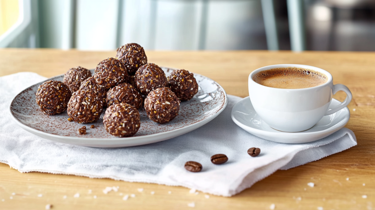 Ein Teller voller Espresso-Energyballs steht auf einem weißen Tuch auf einem Tisch. Rechts daneben steht eine Tasse Espresso. Auf dem Tuch liegen drei Kaffeebohnen. Im Hintergrund sieht man die Lehnen von Stühlen.