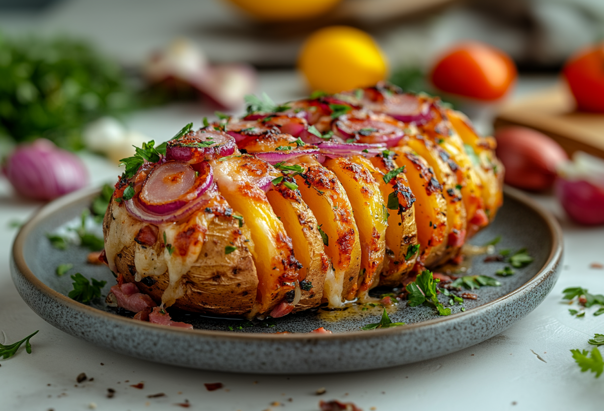 Eine FÃ¤cherkartoffel mit RaclettekÃ¤se, Schinken und roten Zwiebeln auf einem Teller, drumherum frische Zutaten.