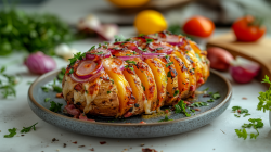 Eine Fächerkartoffel mit Raclettekäse, Schinken und roten Zwiebeln auf einem Teller, drumherum frische Zutaten.