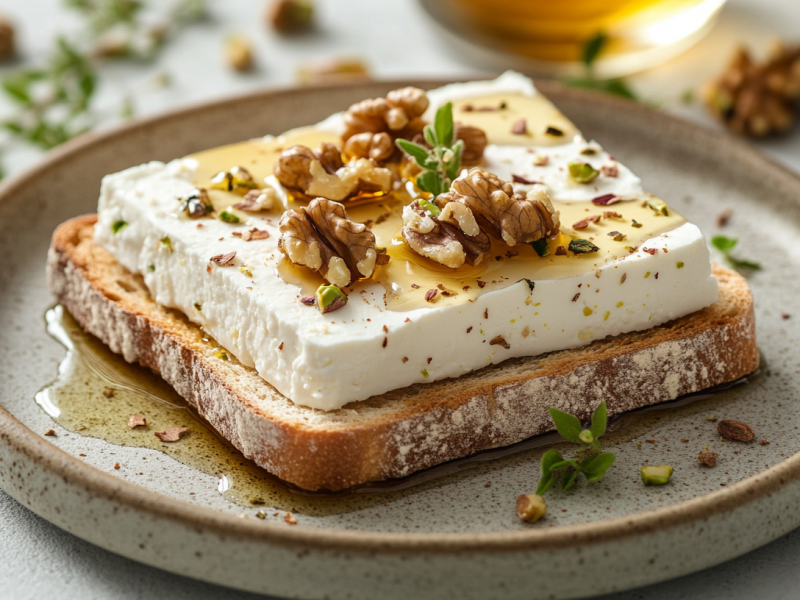 Ein Feta-Toast mit WalnÃ¼ssen und Pistazien auf einem Teller, drumherum Minze und gehackte NÃ¼sse.