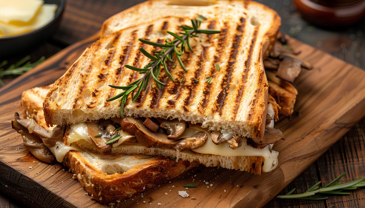 Gegrilltes Champignon-KÃ¤se-Sandwich mit Rosmarinzweig darauf auf einem Brett