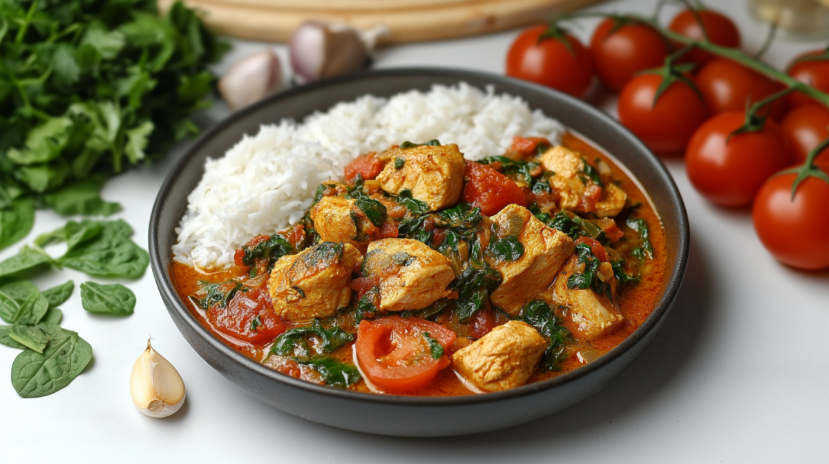 Ein Teller Reis und Hähnchen in Joghurtsoße mit Tomaten, rumherum Spinat, Tomaten und Knoblauch.