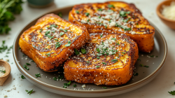 Ein Teller mit herzhaftem French Toast, der mit frischen Kräutern und geriebenem Parmesan garniert ist. In de rechten, oberen Bildecke ist eine kleine Schale Parmesan zu erkennen. Links im Hintergrund kann man verschwommen frische Kräuter entdecken.