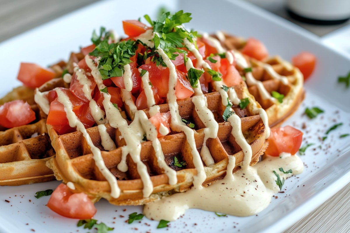 Ein Teller mit Hummus-Waffeln, die mit gestückelten Tomaten, frischen Kräutern und Tahini garniert sind.