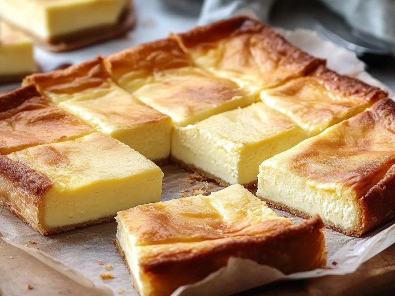 KÃ¤sekuchen mit BlÃ¤tterteig vom Blech, in quadratische StÃ¼cke geschnitten.