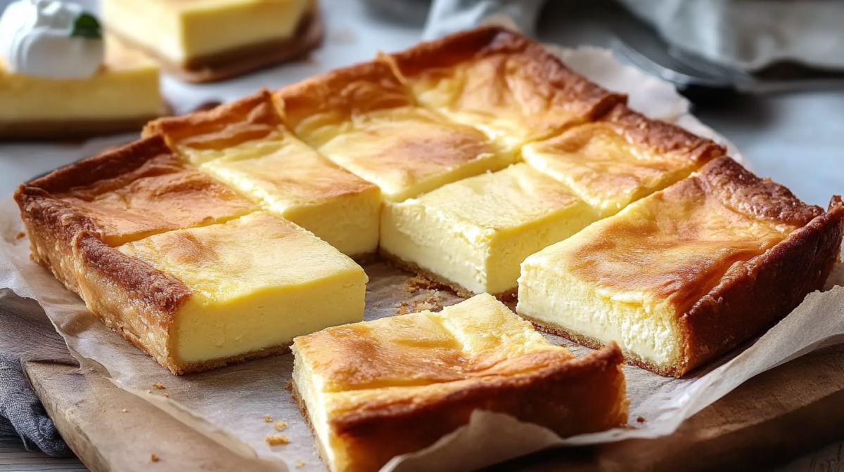 Käsekuchen mit Blätterteig vom Blech, in quadratische Stücke geschnitten.