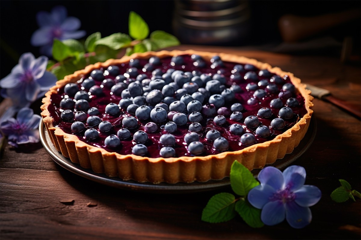 Runder KÃ¤sekuchen mit Mohn und Blaubeeren in dunkler Umgebung. Im Vorder- und Hintergrund liegen einige BlÃ¼ten zur Dekoration.