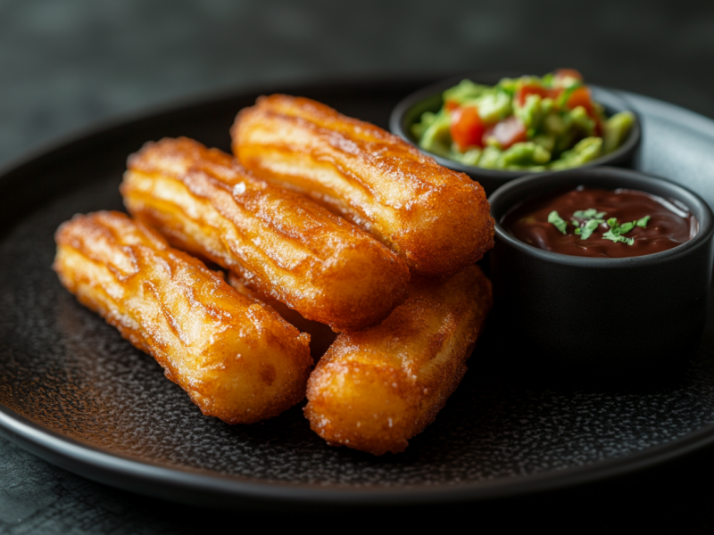 Vier Kartoffel-Churros liegen auf einem schlichten schwarzen Teller. Rechts neben ihnen steht eine Schale mit Schokosoße und eine Schale mit frische Guacamole.