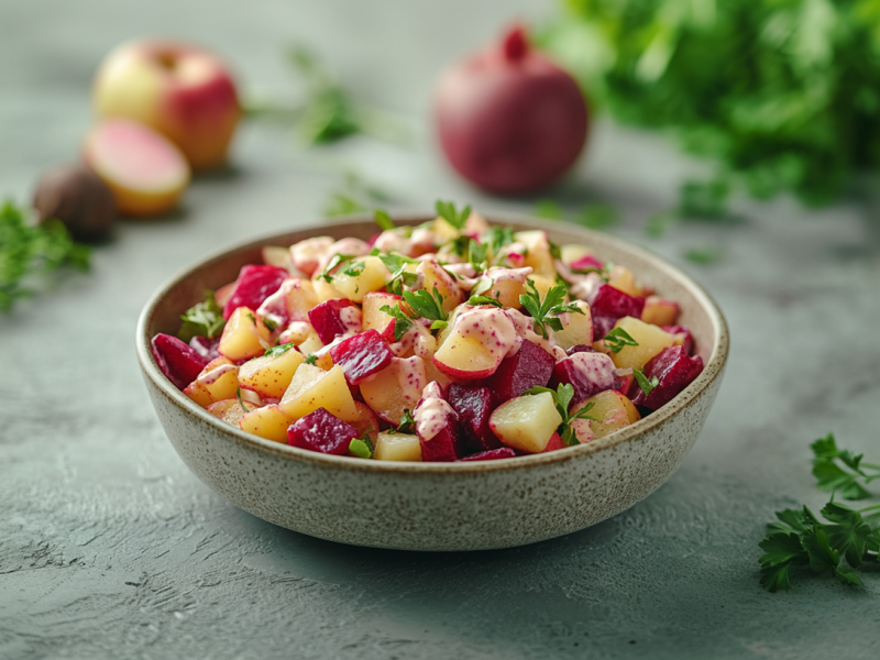 Eine Schale Kartoffel-Rote-Salat mit Meerrettichdressing steht in einer grauen Schüssel auf einem grauen Untergrund. Der Salat ist mit frischer Petersilie angerichtet. Im Hintergrund liegt noch ein Apfel sowie eine rote Beete und mehr Petersilie.