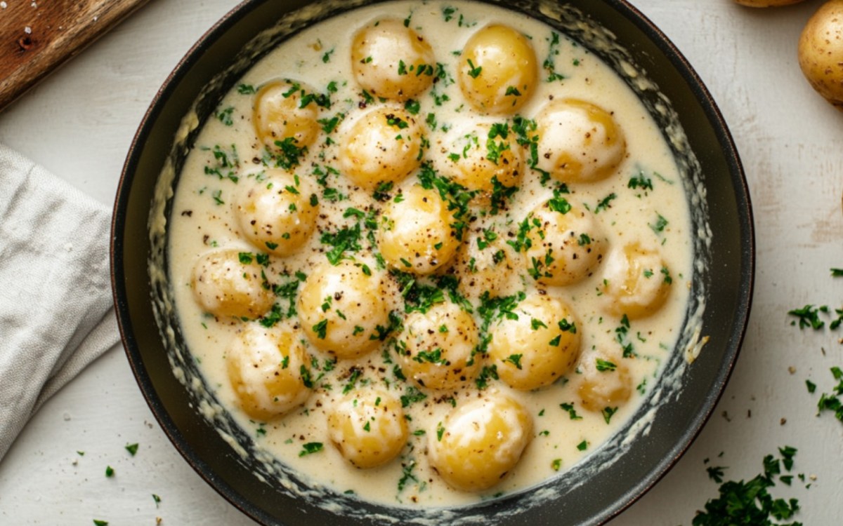 Kartoffeln in cremiger Knoblauchsoße in einer Pfanne in der Draufsicht.