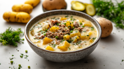 Eine Schüssel Käsesuppe mit Gewürzgurken, Hackfleisch und Kartoffeln. Drumherum einige Zutaten.