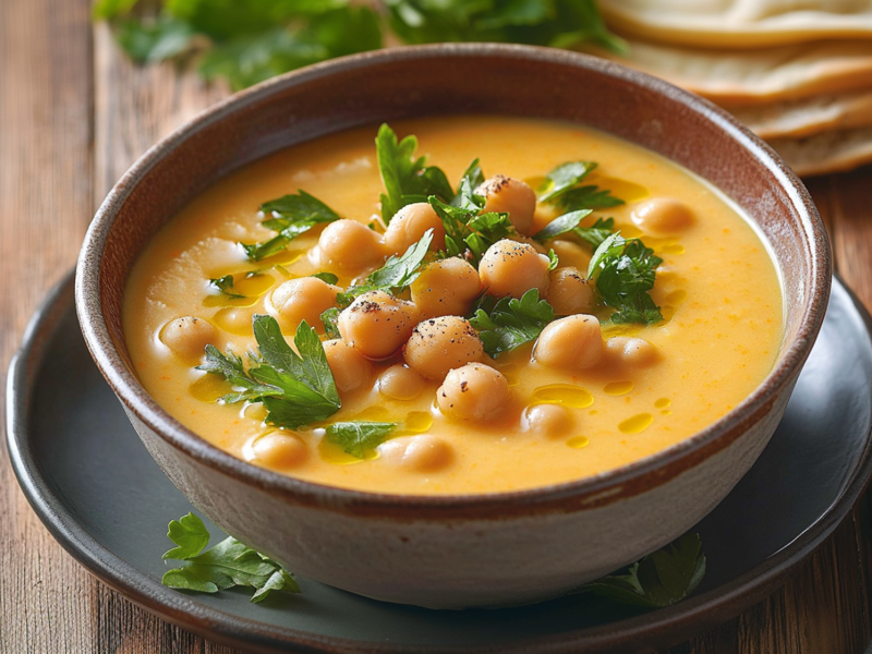 Eine Schüssel mit Kichererbsen-Möhren-Suppe garniert mit einigen Kichererbsen und frischer Petersilie. Die Schüssel steht auf einem Teller, der auf einer dunklen Holzoberfläche platziert ist. Im Hintergrund sind unscharf angedeutet einige Scheiben Fladenbrot und frische Petersilie.