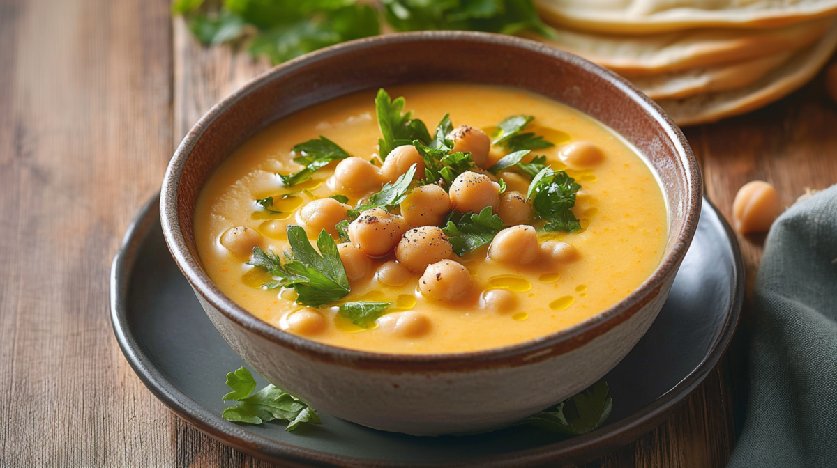 Eine Schüssel mit Kichererbsen-Möhren-Suppe garniert mit einigen Kichererbsen und frischer Petersilie. Die Schüssel steht auf einem Teller, der auf einer dunklen Holzoberfläche platziert ist. Im Hintergrund sind unscharf angedeutet einige Scheiben Fladenbrot und frische Petersilie.