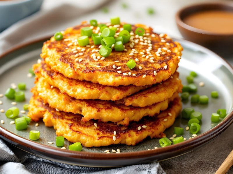 Vier Kimchi-Pancakes liegen aufeinandergeschichtet auf einem Teller. Sie sind mit Frühlingszwiebeln und Sesamsamen überstreut.