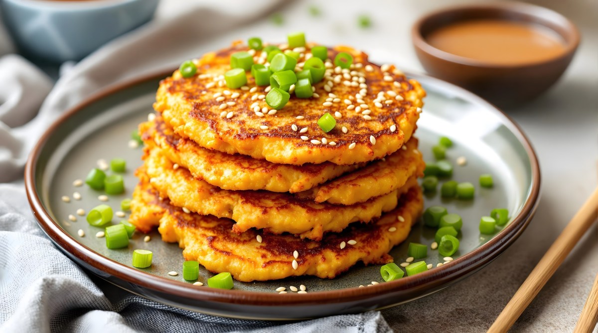 Vier Kimchi-Pancakes liegen aufeinandergeschichtet auf einem Teller. Sie sind mit FrÃ¼hlingszwiebeln und Sesamsamen Ã¼berstreut.