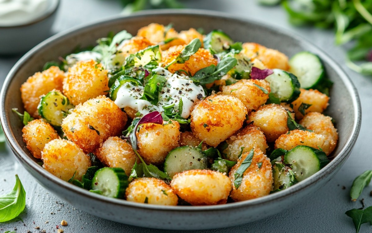 Eine Schüssel knuspriger Gnocchi-Salat mit Joghurt-Dressing.