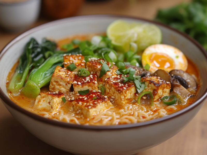 Eine Schüssel voll Kokos-Curry-Ramen mit Tofuwürfeln, Pak Choi, Pilzen und weichgekochtem Ei, garniert mit Frühlingszwiebeln, Sesam und Limette. Die Schüssel steht auf einer Holzplatte. Im Hintergrund kann man verschwommen frische Kräuter und kleine Schalen erkennen.