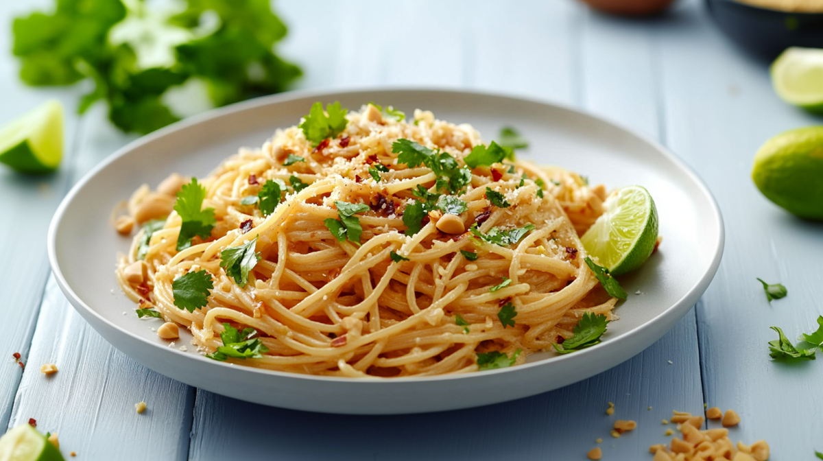 Ein großer Teller Kokos-Limetten-Pasta garniert mit frischem Koriander, Chiliflocken und gehackten Erdnüssen. Auf dem Teller liegt noch ein Stück frische Limette. Um den Teller verstreut liegen weitere gehackte Erdnüsse, Limetten und Koriander. Der Teller steht auf einem hellen Holzuntergrund.