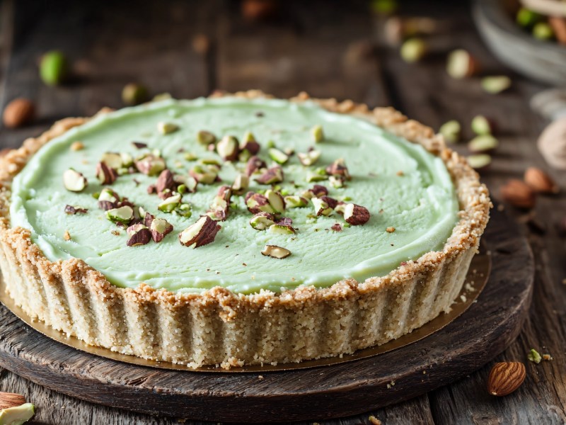 Ein Kokos-Pistazien-Cheesecake steht auf einer rustikalen Holzplatte auf einem Holztisch in derselben Farbe. Dekoriert ist er mit einigen Mandeln und Pistazien. Rund um den Kuchen liegen verteilt weitere Mandeln und Pistazien.