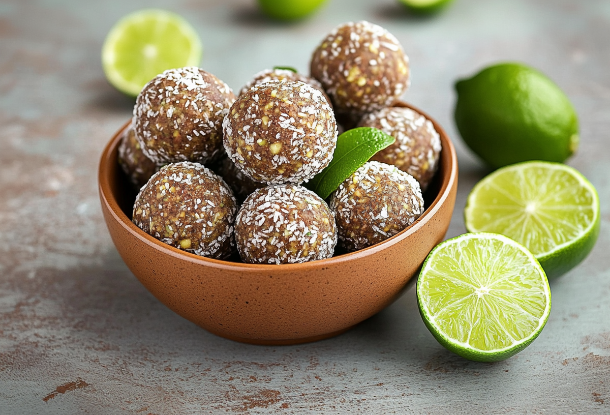 Eine kleine Holzschale mit Limetten-Energy-Balls.