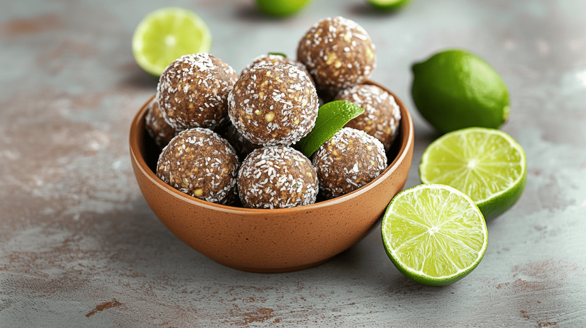 Eine kleine Holzschale mit Limetten-Energy-Balls.