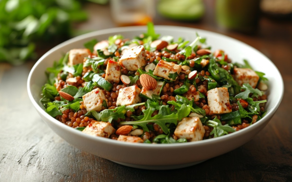 Eine SchÃ¼ssel veganer Linsensalat mit Tofu.