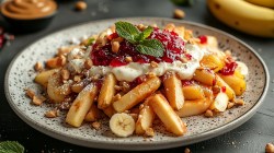 Teller mit loaded Apfel-Fries mit Joghurt und Marmelade