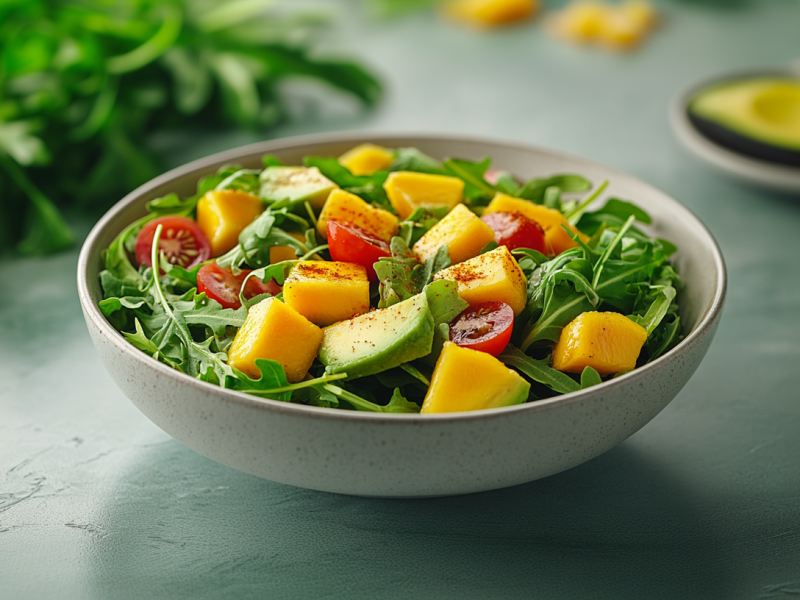 Eine Schale mit Mango-Avocadosalat steht auf grauem Untergrund. Im Salat befinden sich MangostÃ¼cke, AvocadostÃ¼ck, halbierte kleine Tomaten sowie RucolablÃ¤tter. Im Hintergrund links liegt eine aufgeschnittene Mango und mehr Rucola. Hinten rechts liegt eine halbierte Avocado ohne Kern auf einem kleinen Teller