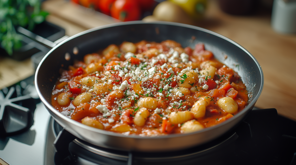 Mediterrane Gnocchi-Pfanne mit Paprika und cremiger TomatensoÃŸe, bestreut mit Feta. Die Pfanne steht auf einer Herdplatte.