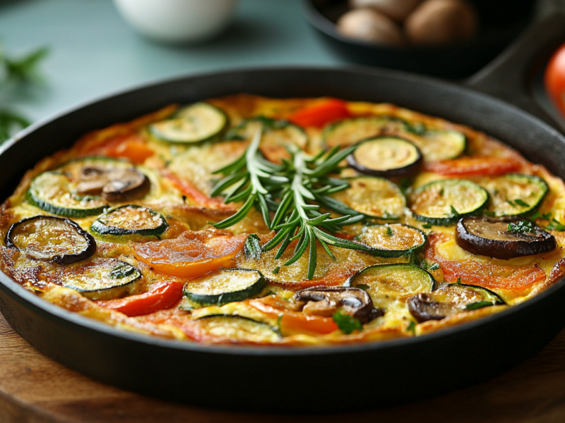 Ein mediterranes Omelett in einer gusseisernen Pfanne. Es ist mit Zucchini, Auberginen, Paprika und Pilzen zubereitet. In der Mitte liegen zwei Rosmarinzweige. Im Hintergrund liegt eine Tomate sowie eine Schale mit Pilzen.