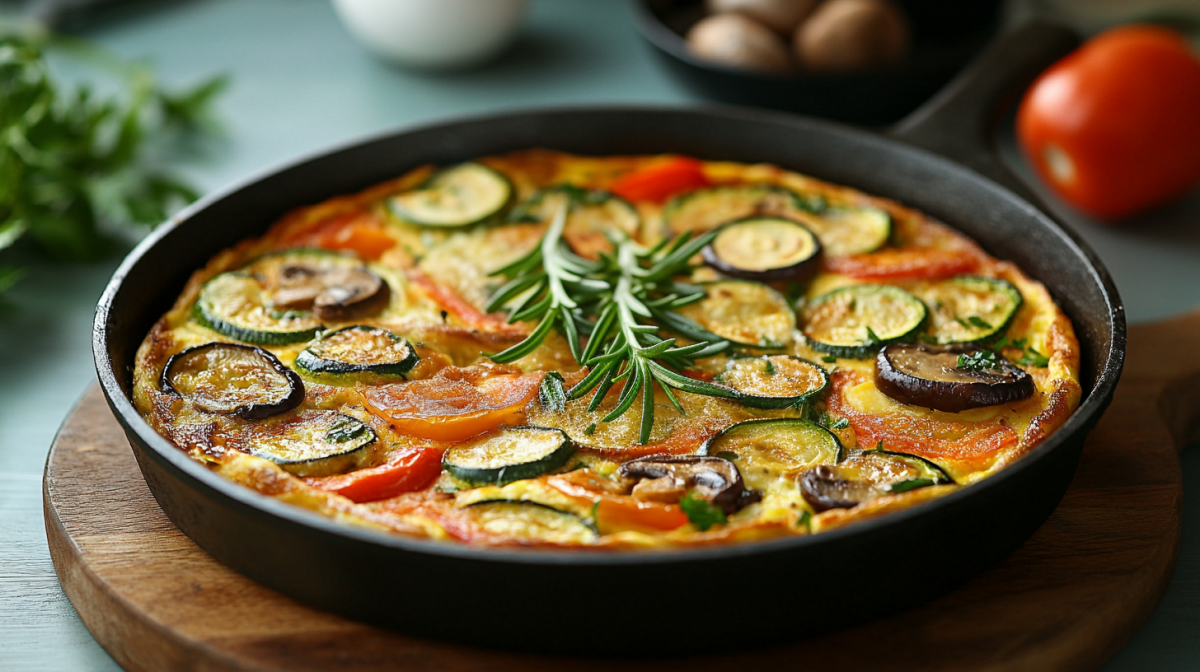 Ein mediterranes Omelett in einer gusseisernen Pfanne. Es ist mit Zucchini, Auberginen, Paprika und Pilzen zubereitet. In der Mitte liegen zwei Rosmarinzweige. Im Hintergrund liegt eine Tomate sowie eine Schale mit Pilzen.