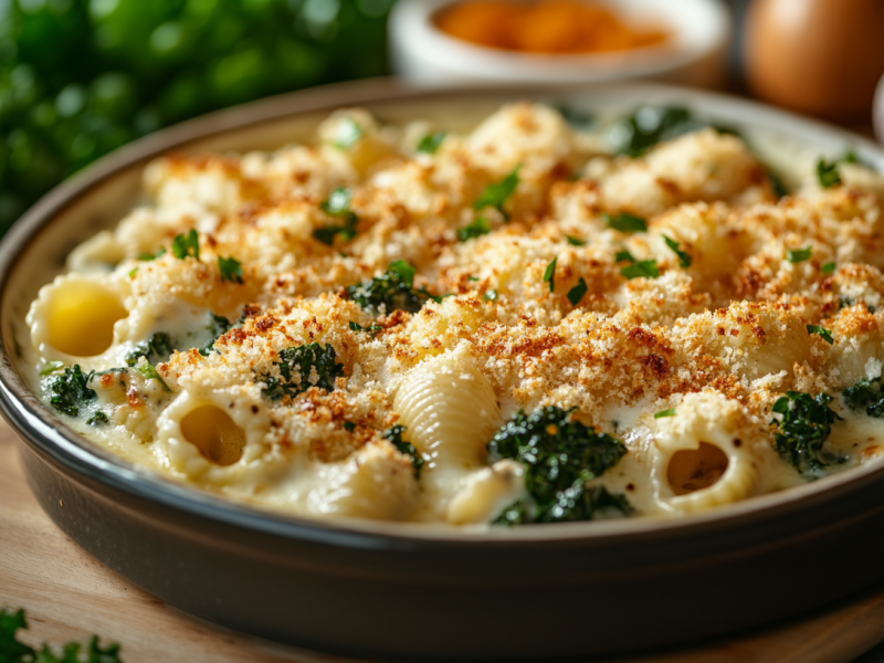 Nudel-GrÃ¼nkohlauflauf mit Panko-BrÃ¶seln.