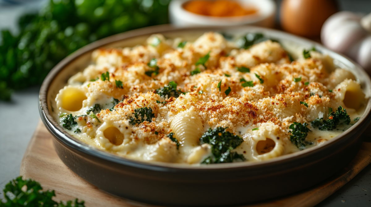 Nudel-GrÃ¼nkohlauflauf mit Panko-BrÃ¶seln.