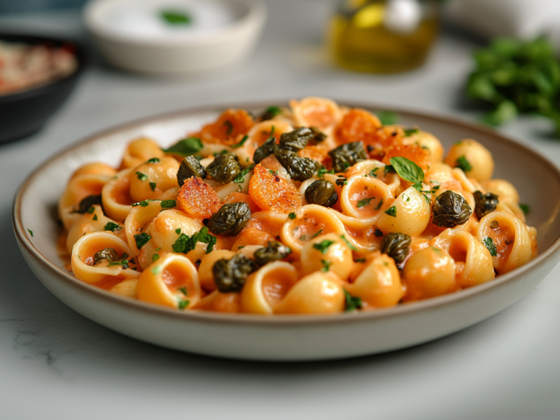 Ein Teller Nudeln mit Knoblauch-Paprika-SoÃŸe, Tomaten, Basilikum und Kapern. Im Hintergrund unscharf einige Zutaten in SchÃ¼sseln.